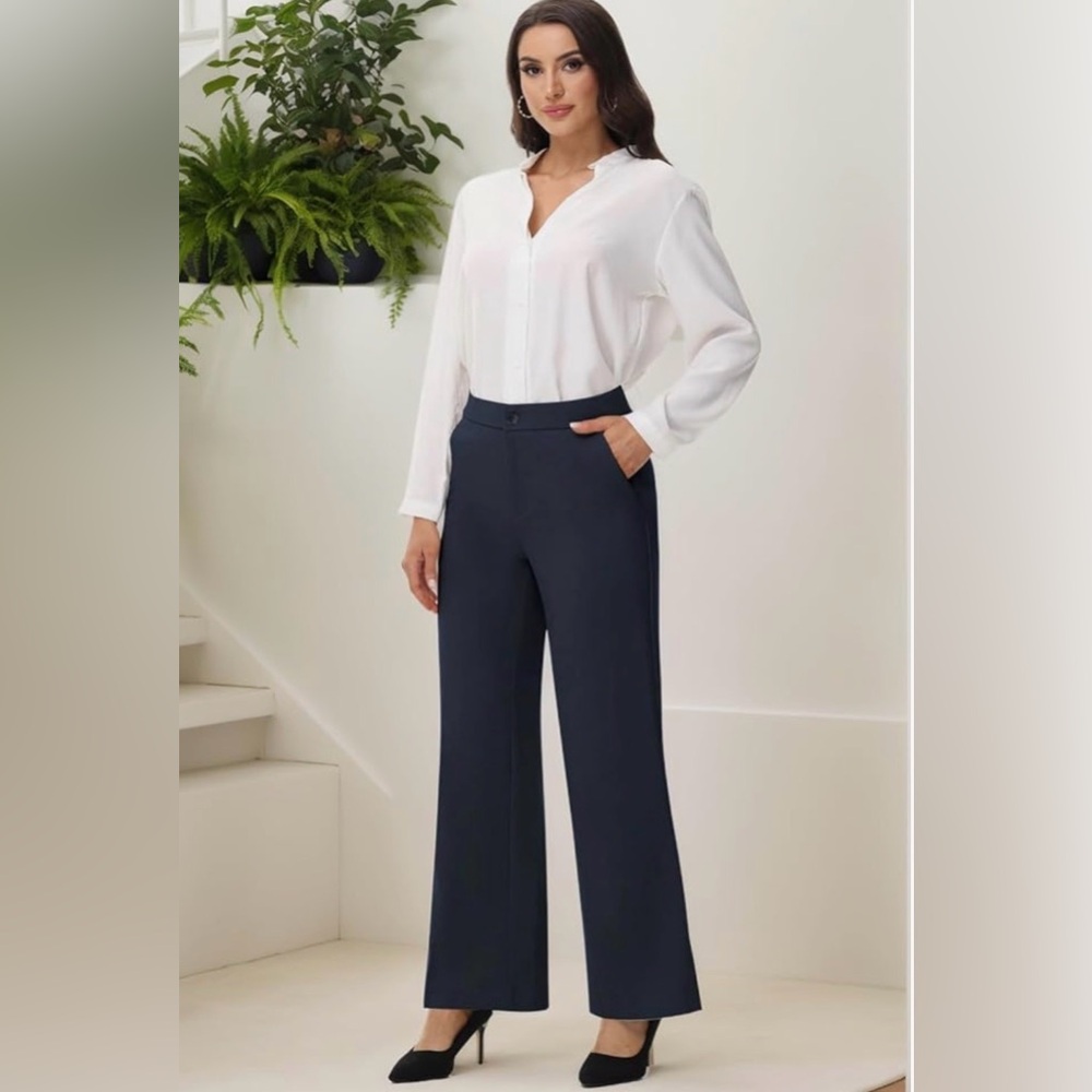 Women's Navy Blue High Rise Flat Front Wide Leg Trouser Pant 8 Tall (32”) NWT